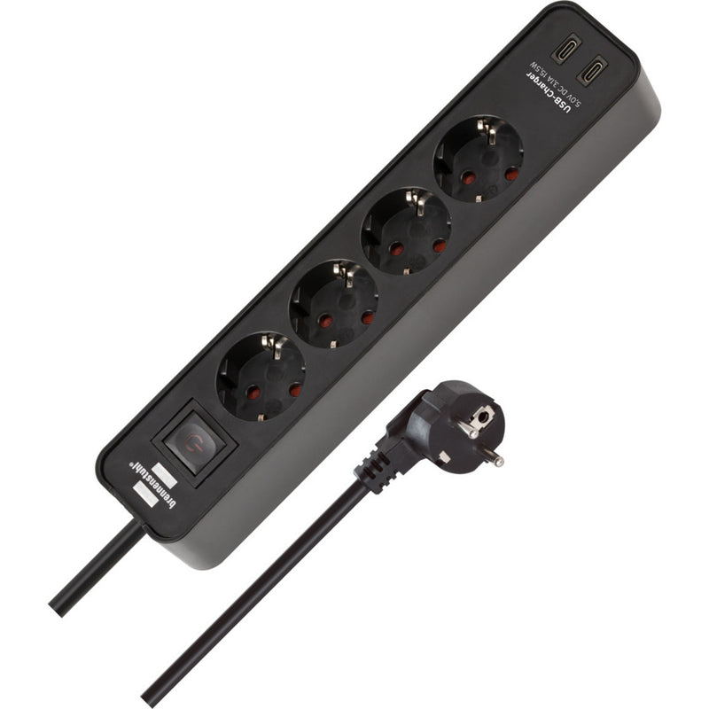 Load image into Gallery viewer, Brennenstuhl ecolor 4-voudige stekkerdoos met 2 usb-laadaansluitingen stekkerdoos (zwart, 2x usb-c)