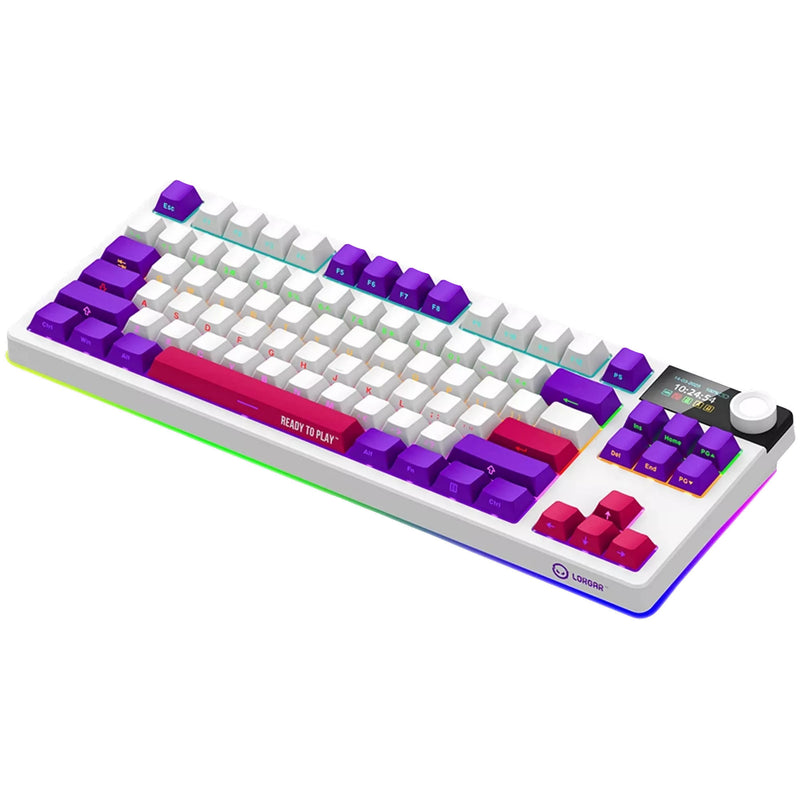 Afbeelding laden in galerijviewer, Lorgar kbp70tklw rgb mechanisch gaming toetsenbord (wit, us lay-out (qwerty), logar toxic purple, 80% (tkl), rgb, hot-swappable, pbt double-shot, bluetooth | 2.4ghz | usb)