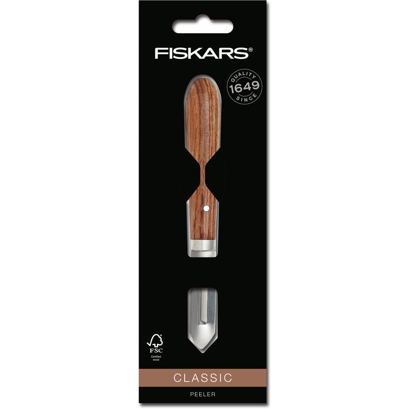 Load image into Gallery viewer, Fiskars classic schiller links 5 cm mes (houtkleur, dunschiller | fsc-gecertificeerd sucupira hout | rvs)