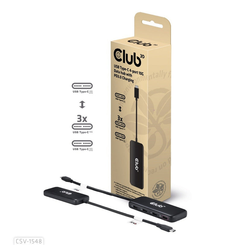 Afbeelding laden in galerijviewer, Club 3d usb-c 4-poorts 10g-datahub met pd3.0 usb-hub (zwart)