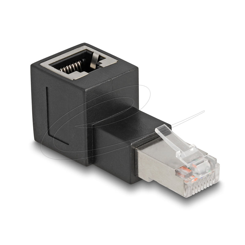 Load image into Gallery viewer, Delock rj45 plug to rj45 jack adapter cat.6a 90° upwards angled (zwart)