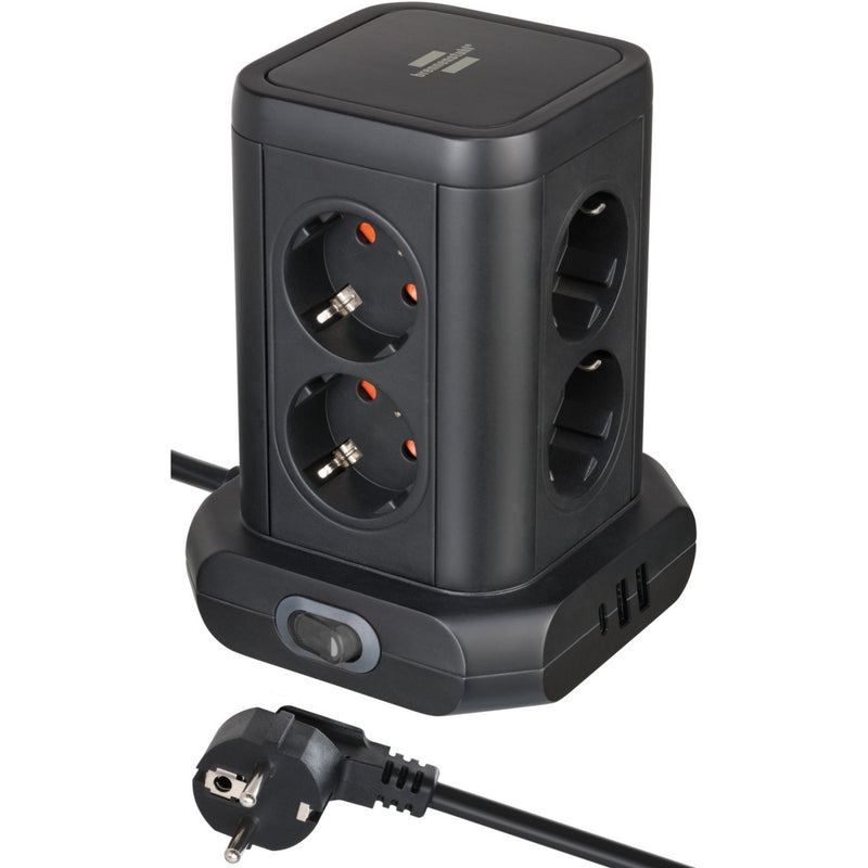 Load image into Gallery viewer, Brennenstuhl stekkerdoos toren met 8 stekkerdozen in 45° opstelling stekkerdoos (zwart, 2x usb a, 1x usb c power delivery)