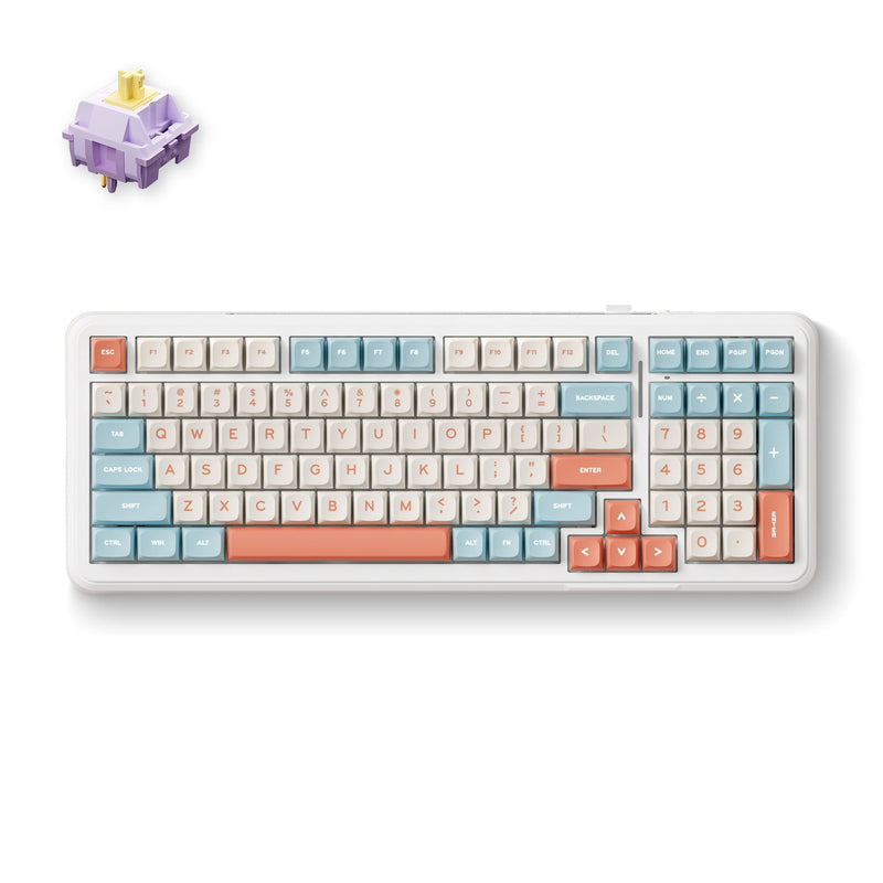 Afbeelding laden in galerijviewer, Mchose k99 horizon orange hyacinth wireless gasket mount mechanical rgb toetsenbord (wit, us lay-out (qwerty), ktt hyacinth, rgb, hot swap, double-shot pbt, draadloos | bluetooth | usb-c)