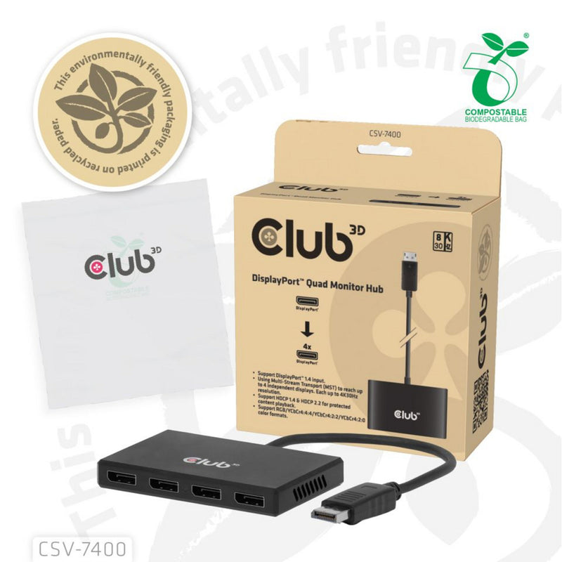 Afbeelding laden in galerijviewer, Club 3d displayport quad monitor hub mst 4x 4k30hz displayport splitter (zwart)