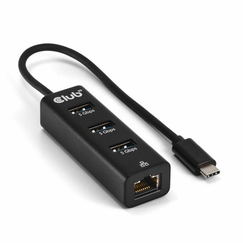 Afbeelding laden in galerijviewer, Club 3d usb-c 5 gbps naar 3 poorten usb type-a-hub met gigabit ethernet adapter (zwart)