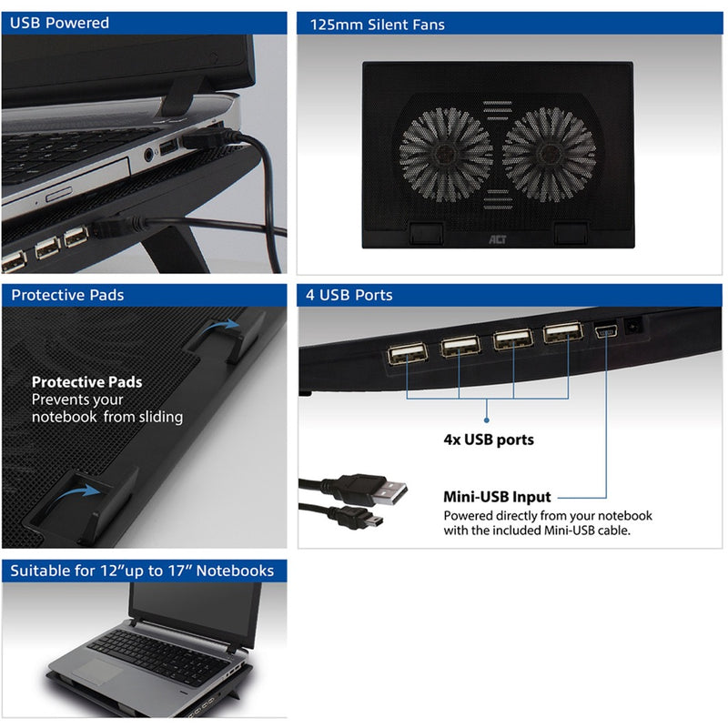 Load image into Gallery viewer, Act connectivity laptopstandaard, met ventilator, hoogte verstelbaar in 2 standen (zwart, 4-poorts usb 2.0 hub)