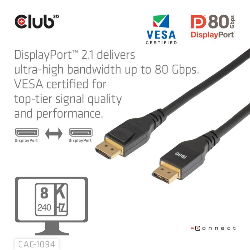 Afbeelding laden in galerijviewer, Club 3d displayport 2.1 vesa dp80 gecertificeerde kabel male-male (zwart, 2 meter, 8k 240hz, 10k 60hz, 80gbps)