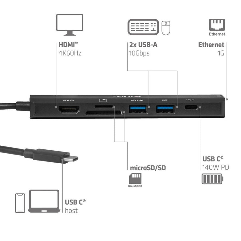 Afbeelding laden in galerijviewer, Club 3d csv-2555 7-1 usb-c naar hdmi hub (zwart, 4k60hz, pd3.1 140w, usb-a, usb-c, lan, microsd)