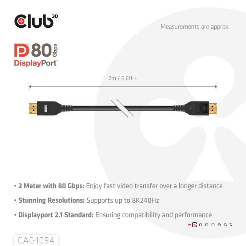 Afbeelding laden in galerijviewer, Club 3d displayport 2.1 vesa dp80 gecertificeerde kabel male-male (zwart, 2 meter, 8k 240hz, 10k 60hz, 80gbps)