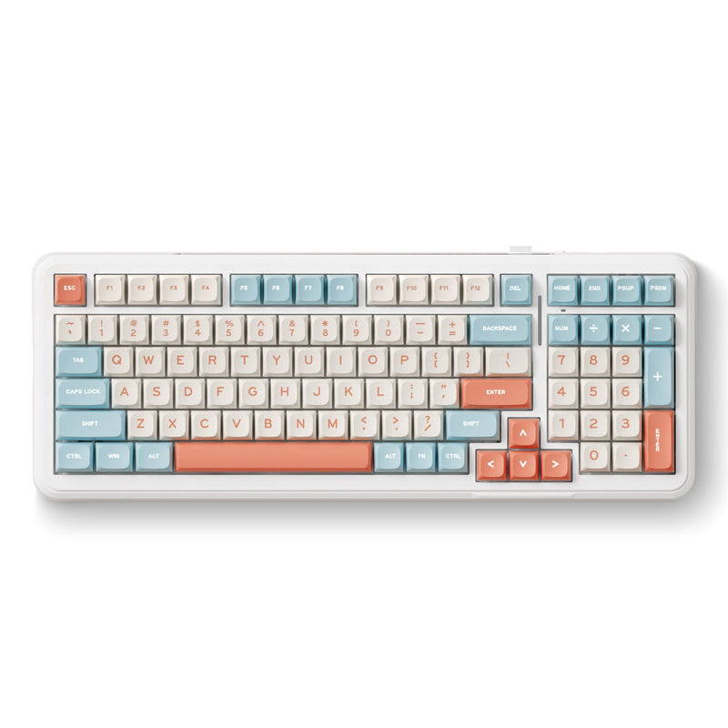 Afbeelding laden in galerijviewer, Mchose k99 horizon orange hyacinth wireless gasket mount mechanical rgb toetsenbord (wit, us lay-out (qwerty), ktt hyacinth, rgb, hot swap, double-shot pbt, draadloos | bluetooth | usb-c)
