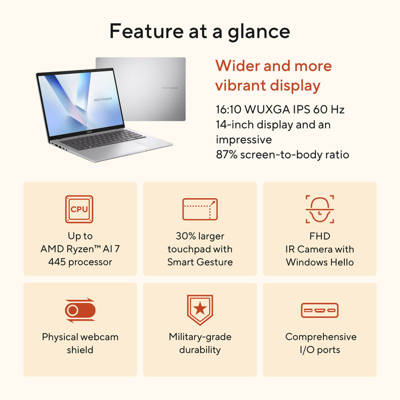 Afbeelding laden in galerijviewer, Asus vivobook 14 m1407ga-ly012w 14 copilot+ laptop (zilver | ryzen 7 445 | radeon 840m | 16 gb | 512 gd ssd)