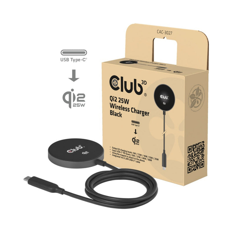 Afbeelding laden in galerijviewer, Club 3d cac-3027 qi2 25w draadloze oplader (zwart, qi-gecertificeerd, magsafe-compatibel, magnetisch pad)