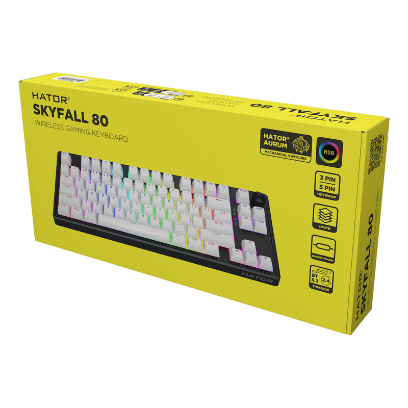 Load image into Gallery viewer, Hator skyfall wireless rgb mechanisch gaming toetsenbord (zwart, us lay-out (qwerty), hator aurum lemon, 80% (tkl), rgb, double shot abs, hot-swap, 2.4ghz | bluetooth | usb-c)