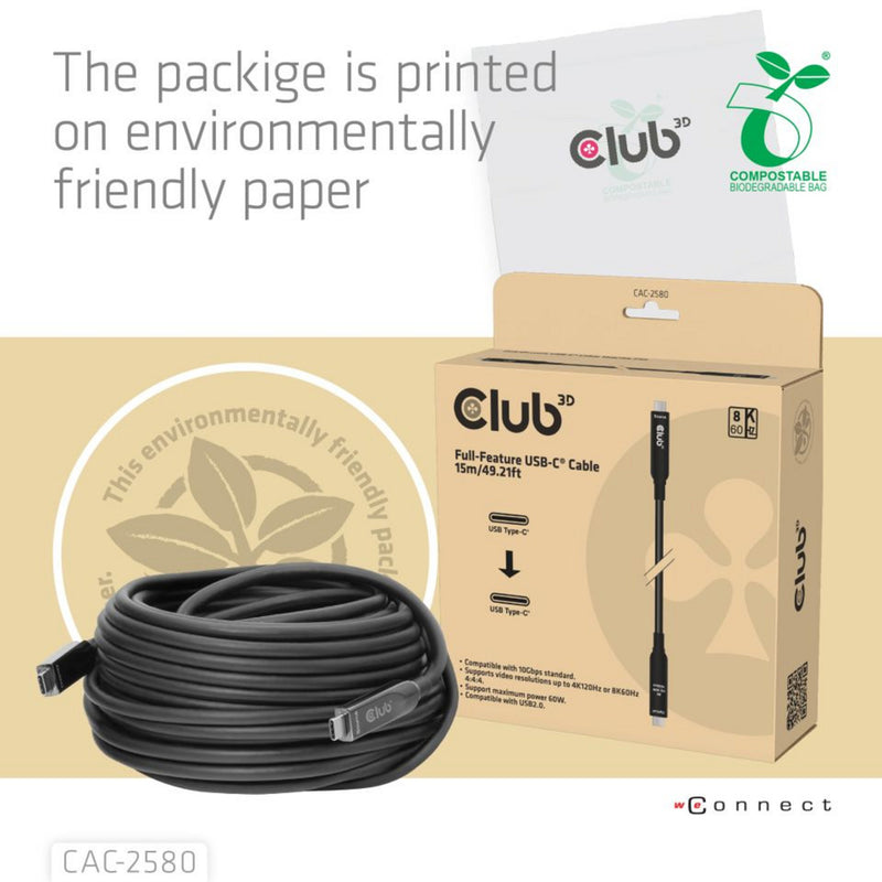 Afbeelding laden in galerijviewer, Club 3d full-feature usb-c kabel, 15m (zwart, 8k60hz 10gbps 60w)
