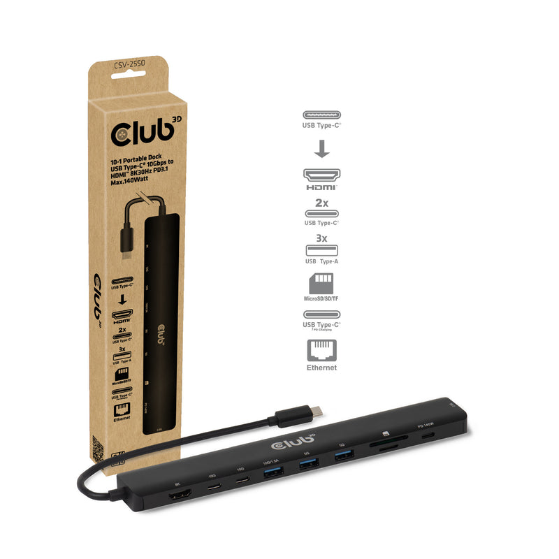 Afbeelding laden in galerijviewer, Club 3d 10-1 portable dock usb type-c 10gbps to hdmi 8k30hz pd3.1 max.140 watt dockingstation (zwart, hdmi, usb-c, lan)