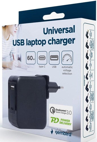 Afbeelding laden in galerijviewer, Enzo gembird usb-c snellader-laptopvoeding 60w usb + usb-c zwart - 9550195