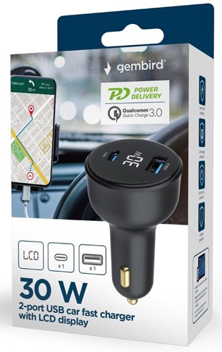 Load image into Gallery viewer, Enzo gembird usb + usb-c autolader | 30w | zwart | status lcd - 9540114