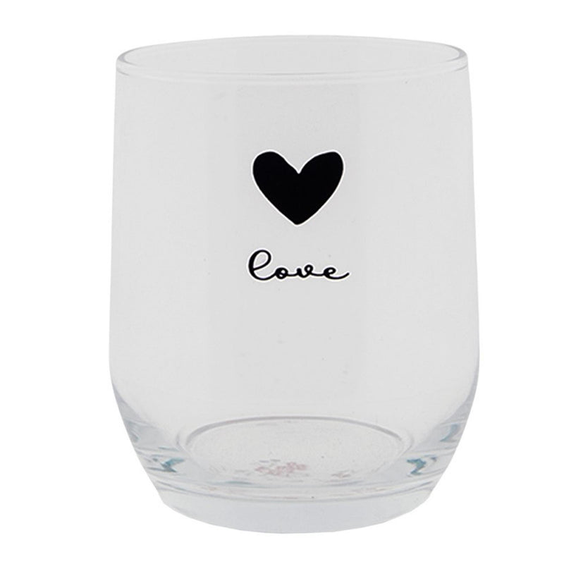 Afbeelding laden in galerijviewer, Clayre eef transparant drinkglas met zwart hartje en het woord love . ø8x9cm 300ml