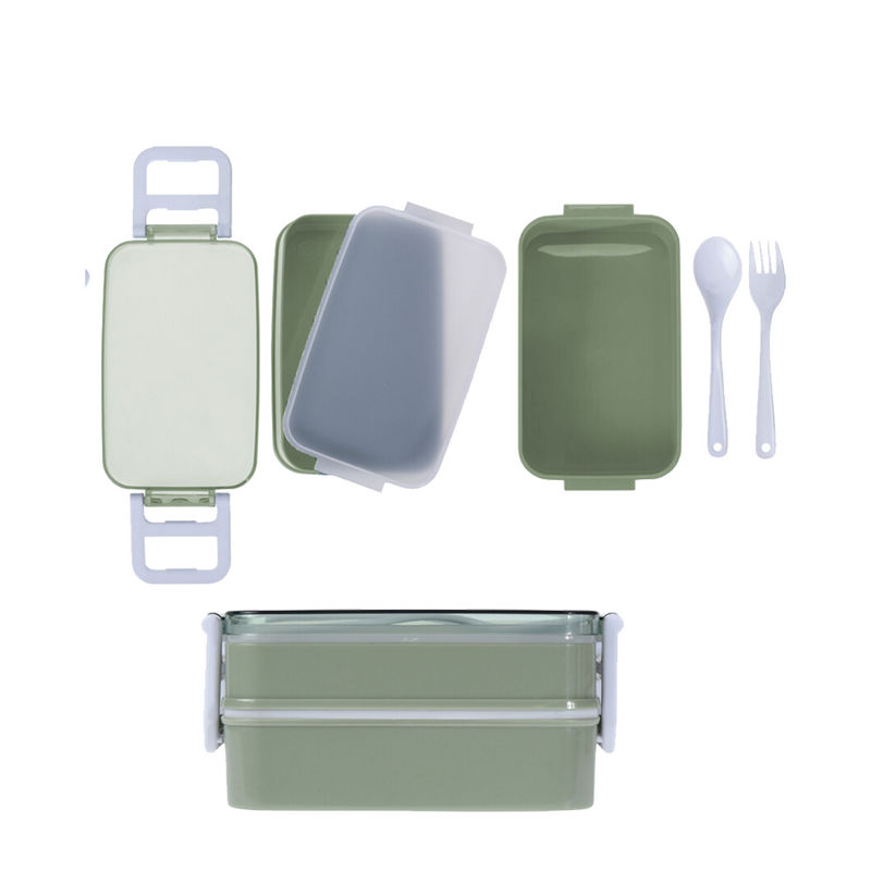 Afbeelding laden in galerijviewer, Lunchbox dubbellaags met bestek groen