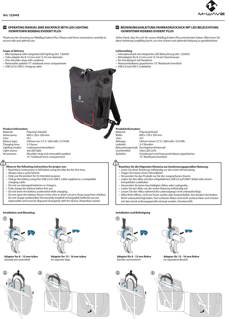 Afbeelding laden in galerijviewer, M-wave downtown ridepack evident 2in1 backpack bag