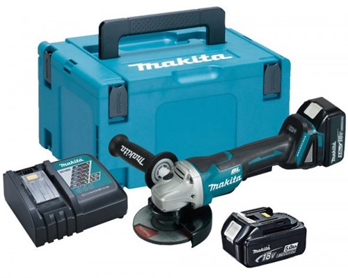 Load image into Gallery viewer, Makita dga508rtj 18v haakse slijper 125mm 5,0ah accu (2 st), snellader, mbox, met veiligheidsschakelaar