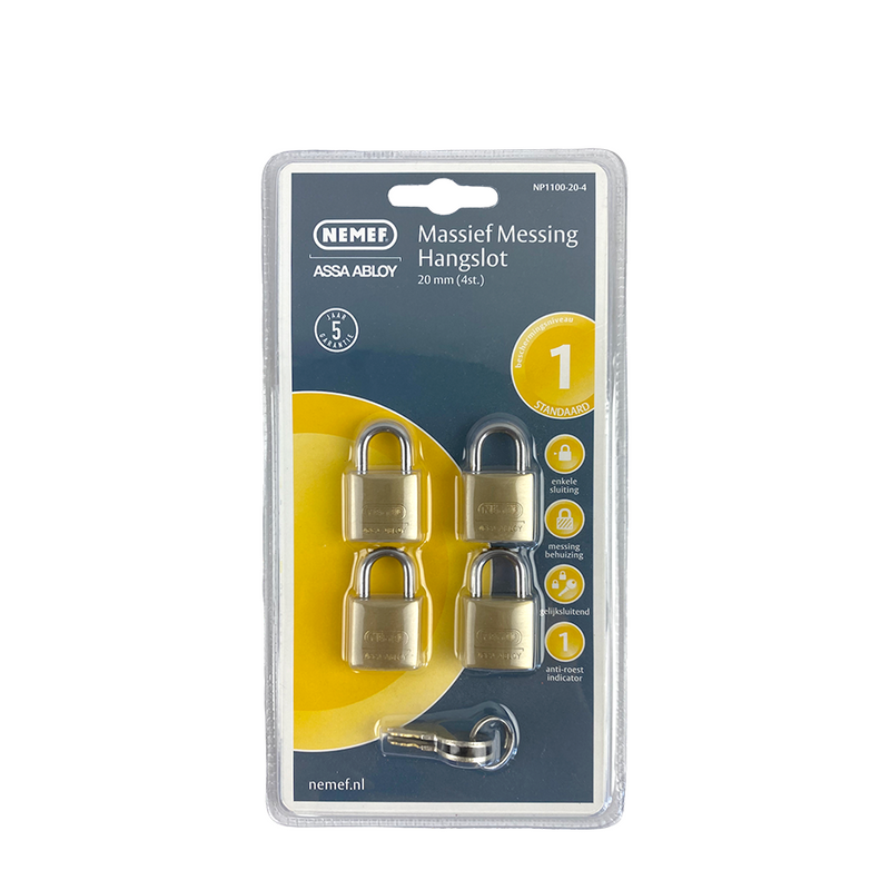 Afbeelding laden in galerijviewer, Nemef massief messing hangslot 20mm 4 stuks