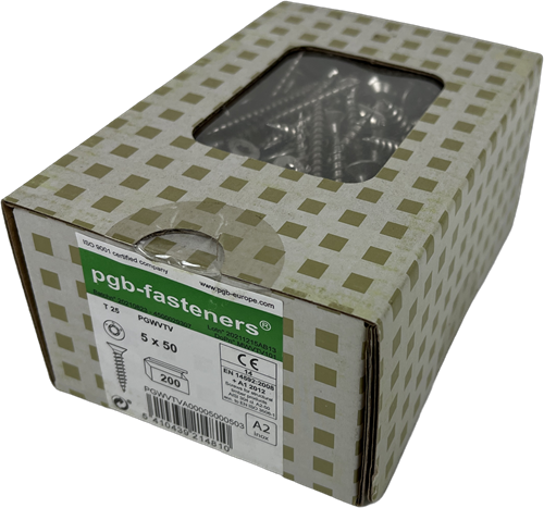 Load image into Gallery viewer, Pgb-europe pgb-fasteners universele spaanplaatschroef rvs a2 vk-t deeldraad verzonken kop ø 5,0x50 tx25 | 200 st | pgwvtva00005000503