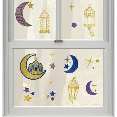 Load image into Gallery viewer, Amscan raamsticker oosters glitter goudkleurig 30 x 43 cm | 24 stuks