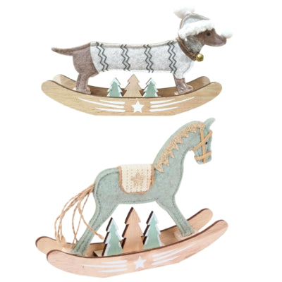 Afbeelding laden in galerijviewer, Kerstdecoratie hobbelpaard hond 21 cm 2 assorti | 12 stuks