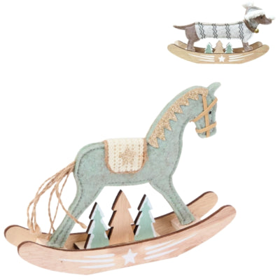 Afbeelding laden in galerijviewer, Kerstdecoratie hobbelpaard hond 21 cm 2 assorti | 12 stuks