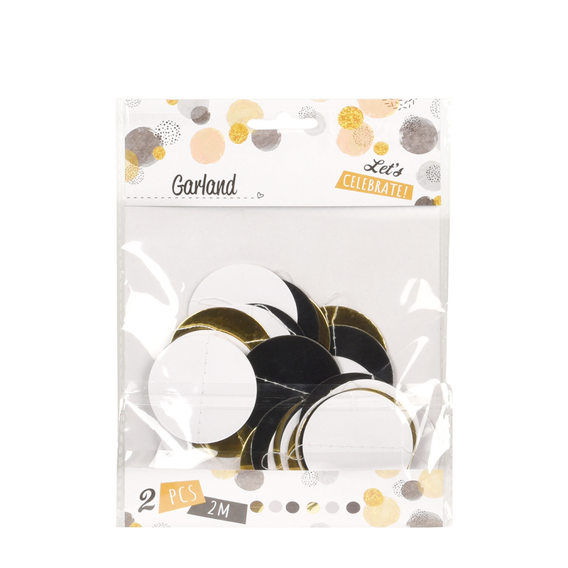 Afbeelding laden in galerijviewer, Slinger confetti zwart wit goud 200cm 2 stuks
