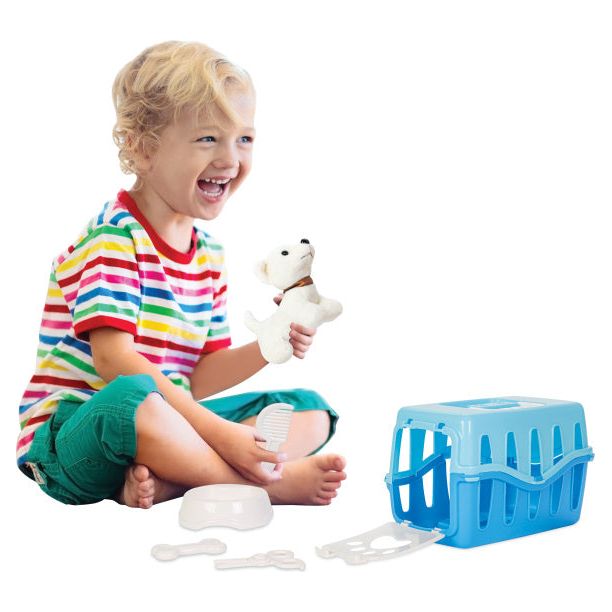 Load image into Gallery viewer, Pilsan Knuffelhondje met verzorgingsset incl. reismand blauw wit