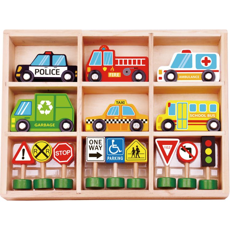 Load image into Gallery viewer, Tooky toy Houten Voertuigenen Verkeersbordenset 16-delig