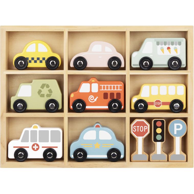 Load image into Gallery viewer, Tooky toy Houten Voertuigenen Verkeersbordenset 12-delig