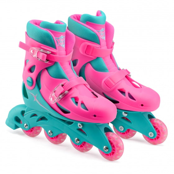 Load image into Gallery viewer, Xootz Inline skates hardboot roze turquoise maat 32-35
