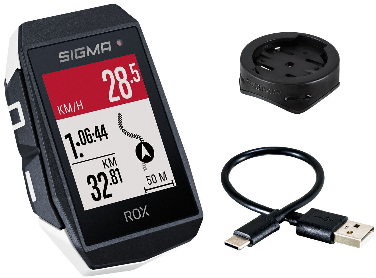 Sigma rox 11.1 evo gps black/white standard handlebar mount + usb-c charging cable