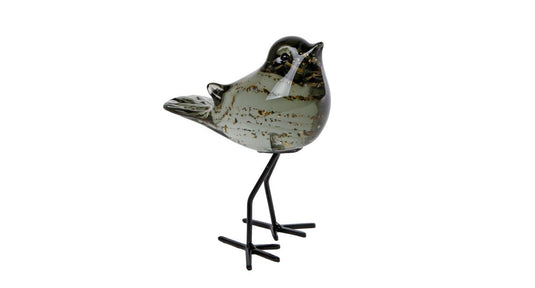 Sculptuur vogel finch op voet helder d.groen glas 11x8x14cm
