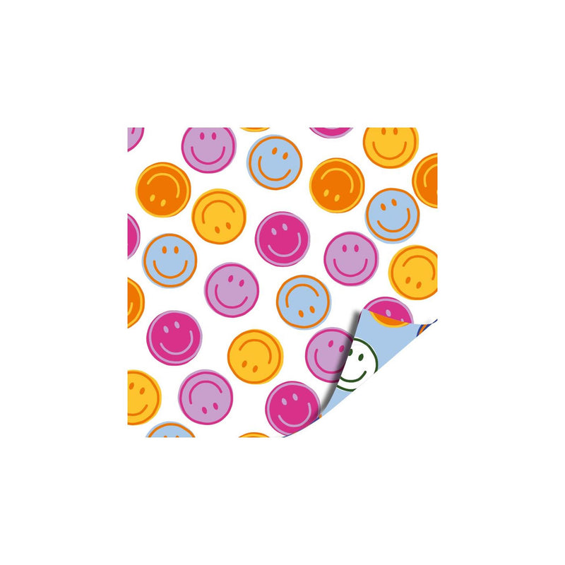 Load image into Gallery viewer, Kassaplan coated cadeaupapier dubbelzijdig 50cm 100m smileys blauw roze
