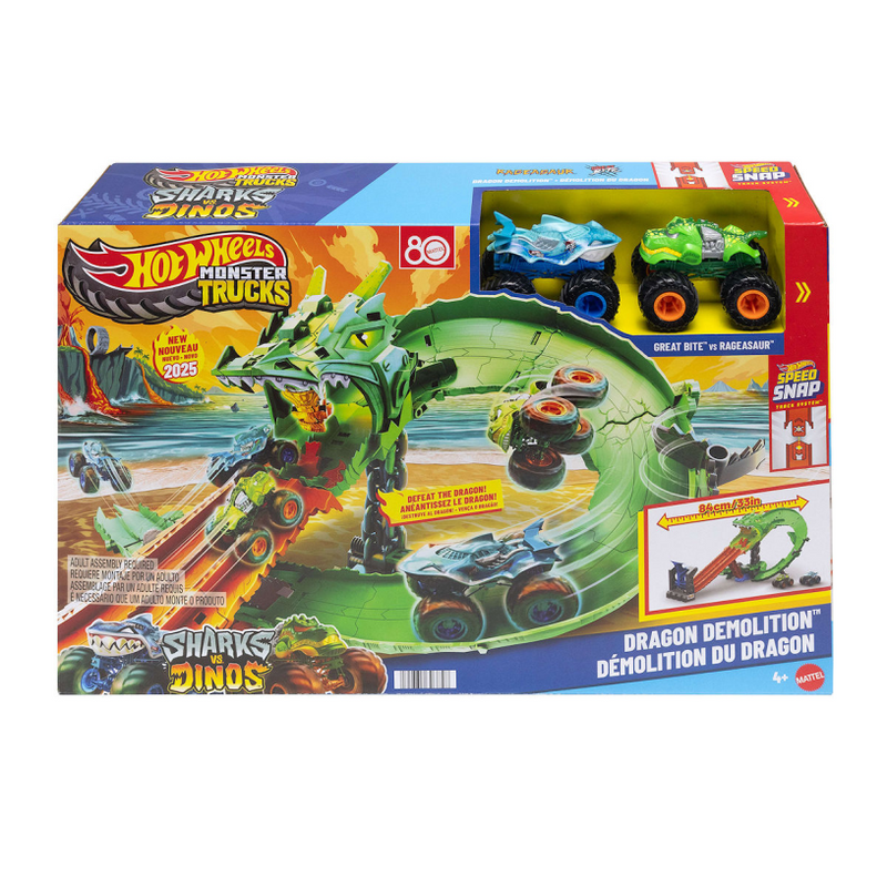 Load image into Gallery viewer, Hot wheels monstertrucks - haaien vs. dino's draak vernietiging speelset en 2 speelgoedtrucks
