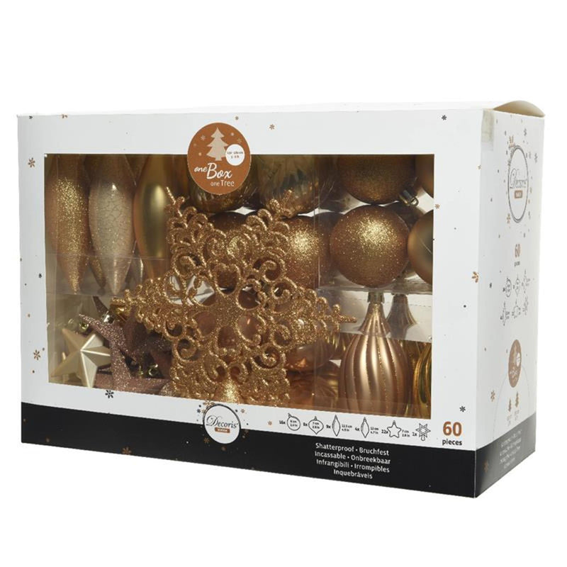 Afbeelding laden in galerijviewer, Decoris onbreekbaar kerstballenset 59 assorti ballen met 1 piek licht goud parel butterscotch
