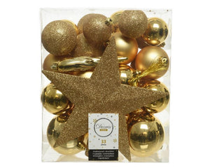 Decoris kerstballenset van kunststof licht goud box a 33stuks