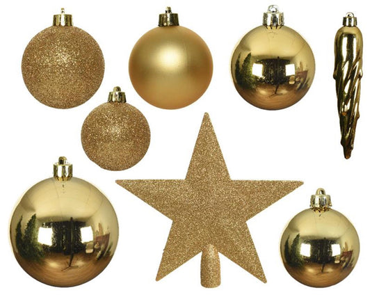 Decoris kerstballenset van kunststof licht goud box a 33stuks