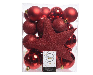 Decoris kerstballenset van kunststof met sterpiek kerstrood box a 33stuks