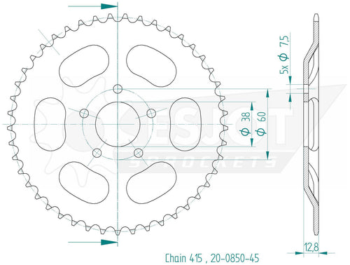 Esjot achtertandwiel 0850 chain wheel 415 45z steel black
