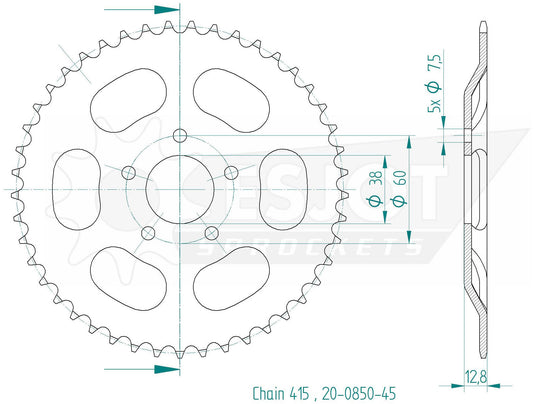 Esjot achtertandwiel 0850 chain wheel 415 45z steel black