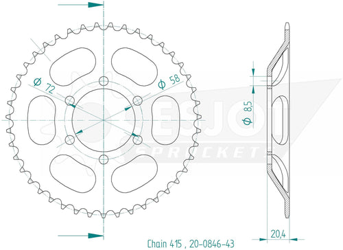 Esjot achtertandwiel 0846 chain wheel 415 43z steel black