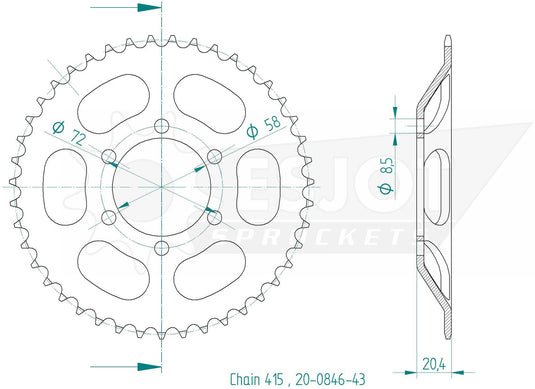 Esjot achtertandwiel 0846 chain wheel 415 43z steel black