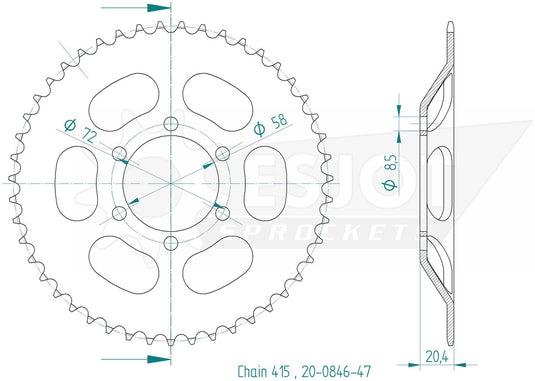 Esjot achtertandwiel 0846 chain wheel 415 47z steel black