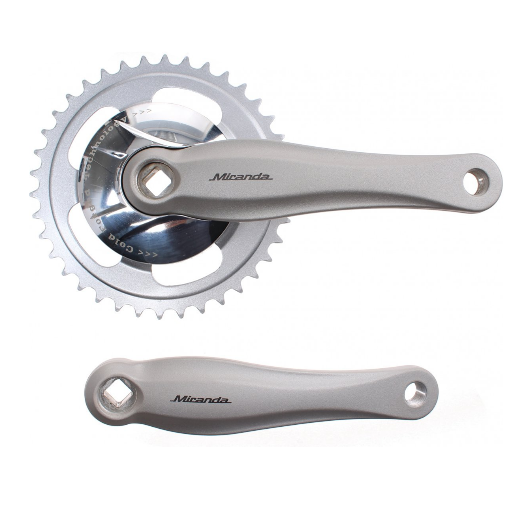 Miranda crankset 38t, cranklengte 170mm. zilver, aluminium, spieloos. 9mm diep voor gazelle