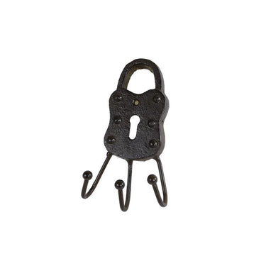 Cosydecor sleutelhaakje key lock antiek bruin metaal 6,5x16x3cm met 3 haken